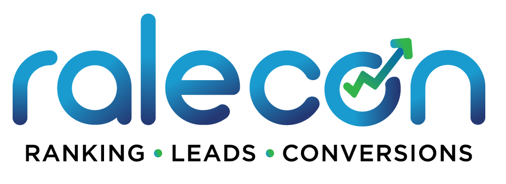 Ralecon logo: blue gradient wordmark with a green checkmark/upward arrow and the tagline 'Ranking Leads Conversions'