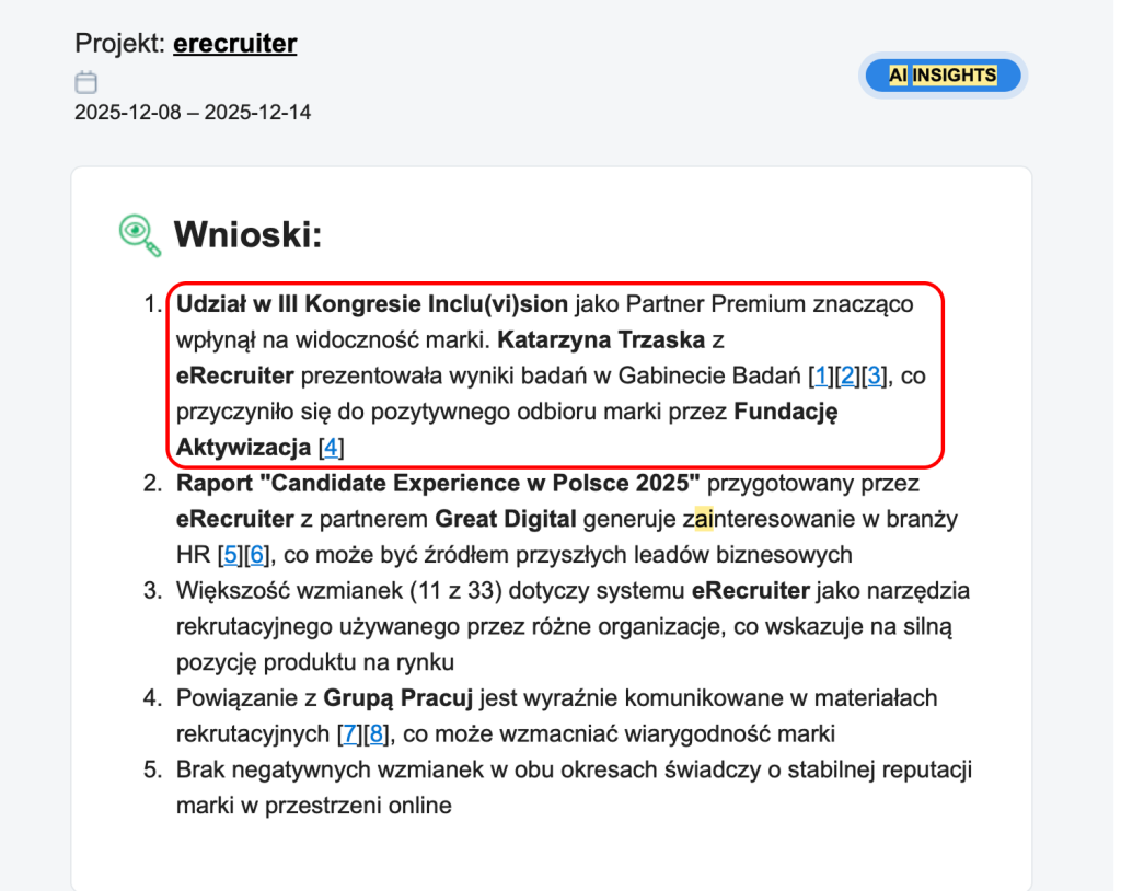 Dwa podsumowania AI pokazujące, że partnerstwo z IncluVision stawało się wyraźnym wyróżnikiem.
