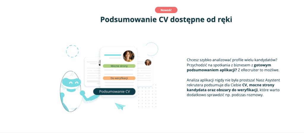 eRecruiter wspomina o swoich możliwościach AI, ale podkreśla, że mają one wspierać — a nie zastępować — prawdziwe, bezpośrednie rozmowy twarzą w twarz.