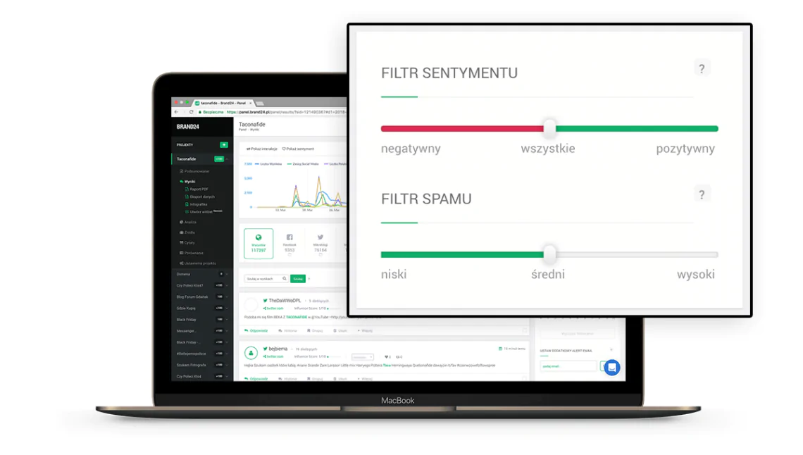 Grafika przedstawiająca filtrowanie po sentymencie wzmianek w panelu Brand24.