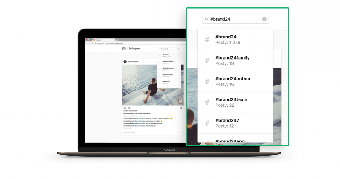 Grafika przedstawiająca w jaki sposób sprawdzić wpisy z danym hashtagiem na Instagramie. 