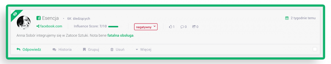 Grafika przedstawiająca wzmiankę z negatywną opinia na temat danej marki w panelu Brand24.