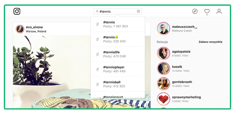 Grafika przedstawiająca w jaki sposób wyszukiwać hashtagów na Instagramie.