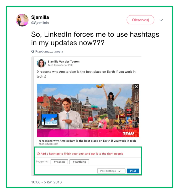 Grafika przedstawiająca dodanie hashtagów na LinkedIn do wpisu.