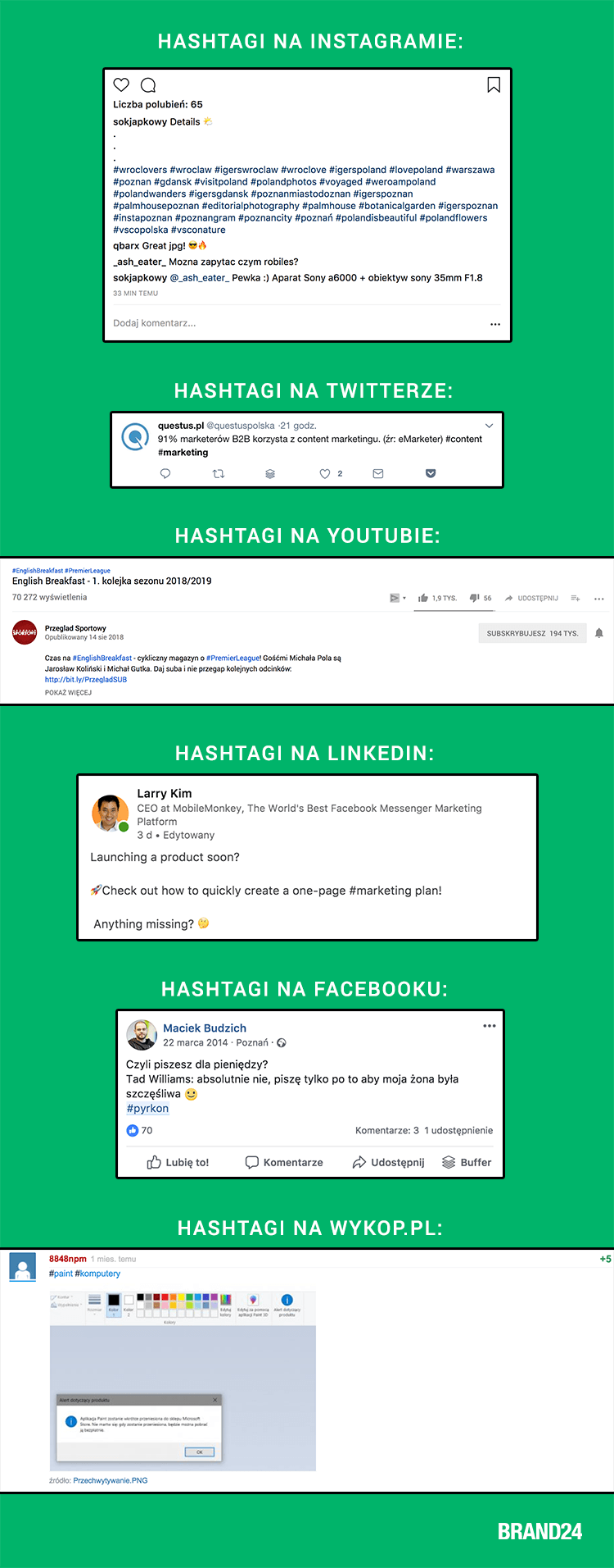 Grafika przedstawiająca hashtagi w poszczególnych platformach social media.