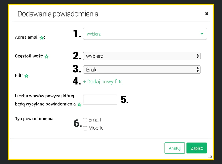 Grafika przedstawiająca kreator dodawania powiadomienia o nowych wynikach w Brand24.