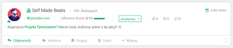 Grafika z przykładową wzmianką na temat Projektu Tymczasem na YouTube.