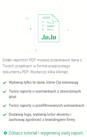 Generowanie raportu PDF w Brand24 na podstawie wybranych wyników odnośnie kampanii teaserowej.