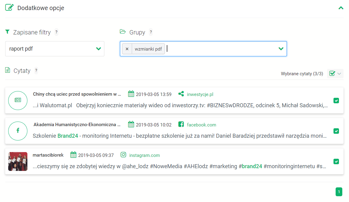 Nowe Raporty PDF w Brand24 - wybór wzmianek jako cytatów.