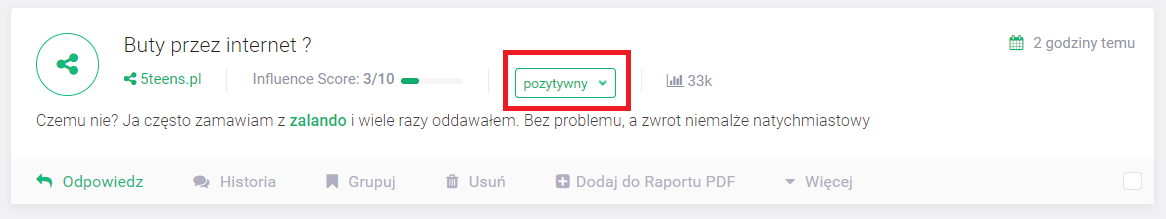 Narzędzia e-commerce jako wsparcie sprzedaży online - grafika przedstawiająca sentyment wzmianki w Brand24