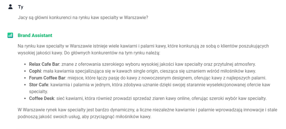 AI Brand Assistant - analiza konkurencji na rynku kaw specialty w Warszawie