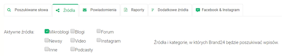 Wybór źródeł w Brand24 w celu sprawdzenia, ile razy został użyty hashtag.